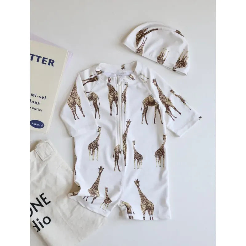 ベビー用水着 giraffe / 80cm キッズ水着 ボーイズ 長袖ジップアップつなぎ ワンピース+帽子セット アニマルプリント スイムウェア【mh0005992】