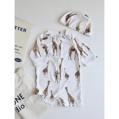 ベビー用水着 giraffe / 80cm キッズ水着 ボーイズ 長袖ジップアップつなぎ ワンピース+帽子セット アニマルプリント スイムウェア【mh0005992】