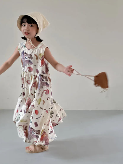 半袖セットアップ girl dress / 90cm 1-2y キッズトップス/ワンピース ボーイズ半袖シャツ/ガールズノースリーブワンピース プリント柄 リンクコーデ 兄弟姉妹 お揃いコーデ