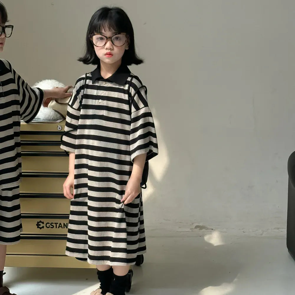 半袖セットアップ girl dress / 90cm 1-2y キッズセットアップ 2点セット/ワンピース ボーイズ半袖ポロシャツ+ショートパンツ/ガールズ半袖ポロワンピ  ボーダー リンクコーデ 兄弟姉妹 お揃いコーデ