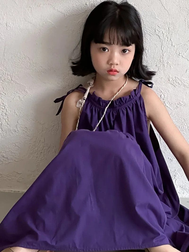 半袖セットアップ girl dress / 90cm 1-2y / 取り寄せ（7〜21日） キッズセットアップ 2点セット/ワンピース ボーイズ半袖シャツ+ショートパンツ/ガールズキャミワンピ  パープルフラワー無地 リンクコーデ 兄弟姉妹 お揃いコーデ
