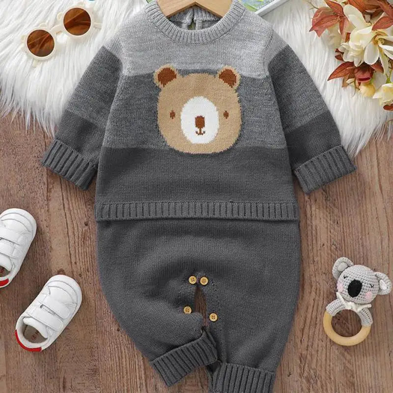 長袖ロンパース gray / 1-3M  62cm ベビーロンパース ベアくまワッペンボーダーニットドッキングジャンプスーツ 3カラー