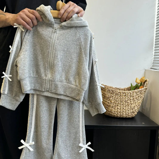 長袖セットアップ Gray / 100cm 2-3y キッズセットアップ 2点セット リボンサイドラインフーディジッパー長袖スウェットパーカー+スウェットパンツ グレー【mh0007341】