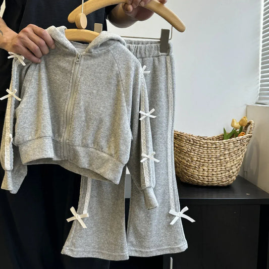 長袖セットアップ Gray / 100cm 2-3y キッズセットアップ 2点セット リボンサイドラインフーディジッパー長袖スウェットパーカー+スウェットパンツ グレー【mh0007341】