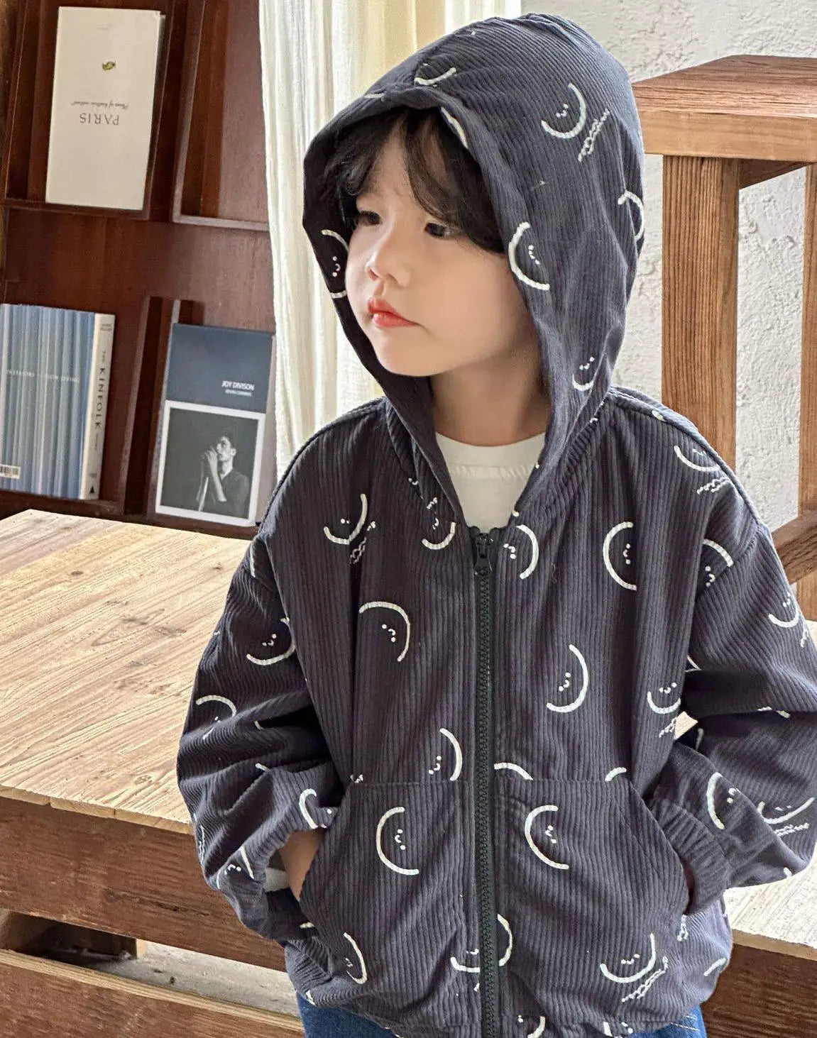 カーディガン・パーカー gray / 12M  80cm キッズトップス コーデュロイ フーディ フード付き パーカー スマイルプリント 2カラー