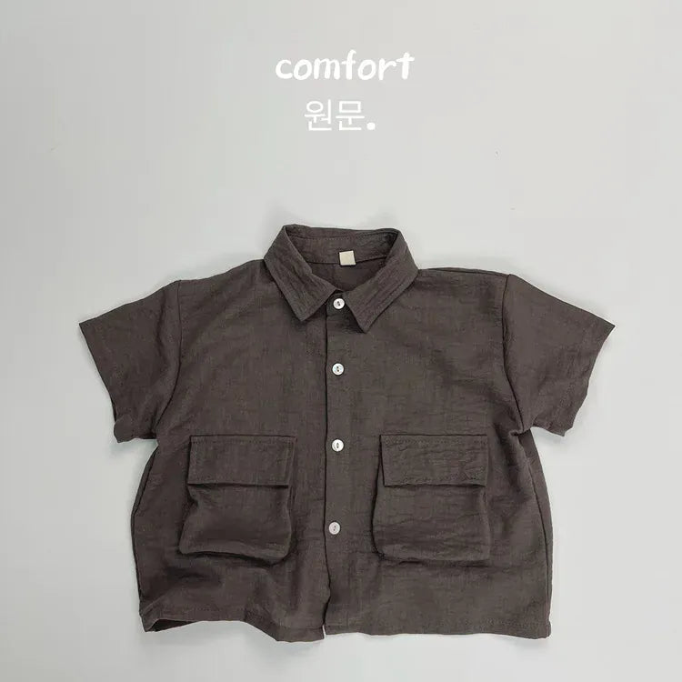 半袖シャツ・ブラウス gray / 12M  80cm キッズトップス コットンリネン 半袖シャツ サファリシャツ 2カラー