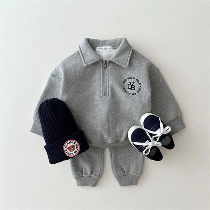 長袖セットアップ Gray / 12M  80CM キッズセットアップ 2点セット 裏起毛ハーフジップアップスウェットトレーナー+スウェットパンツ 3カラー【mh0007747】