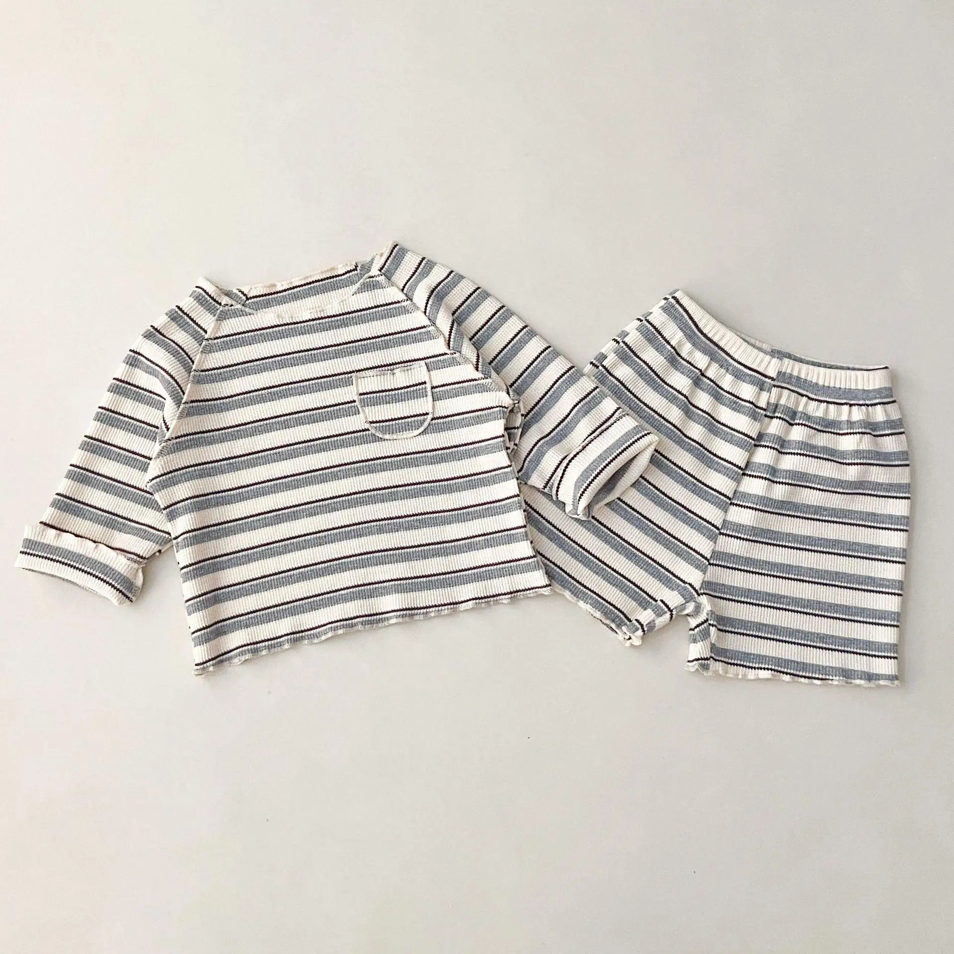 長袖セットアップ gray / 12M  80cm キッズセットアップ 長袖Tシャツ+ショートパンツ ボーダー ルームウェア 2カラー