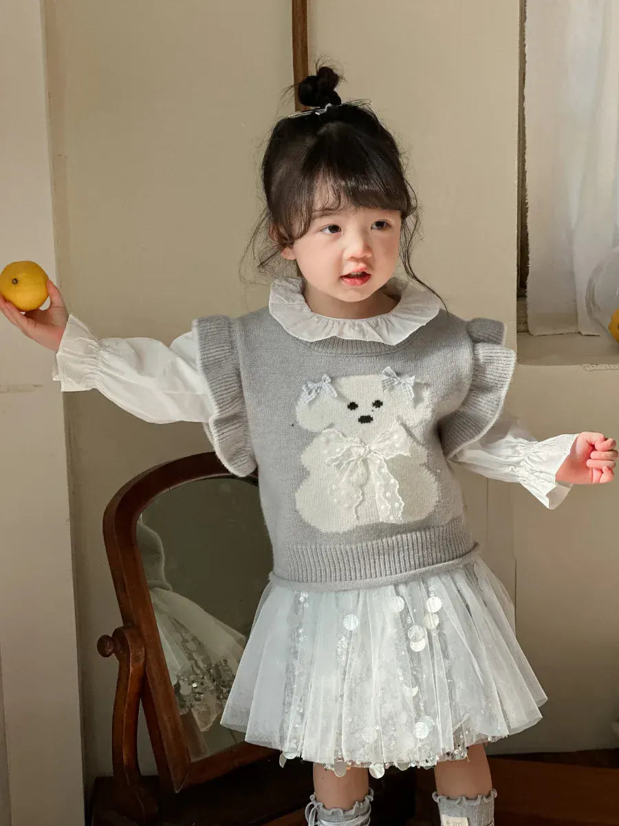 ベスト gray / 2T - 90 キッズベスト アニマルリボンラッフルフリルショルダーニットベスト【mh-0008677】