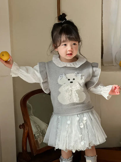 ベスト gray / 2T - 90 キッズベスト アニマルリボンラッフルフリルショルダーニットベスト【mh-0008677】