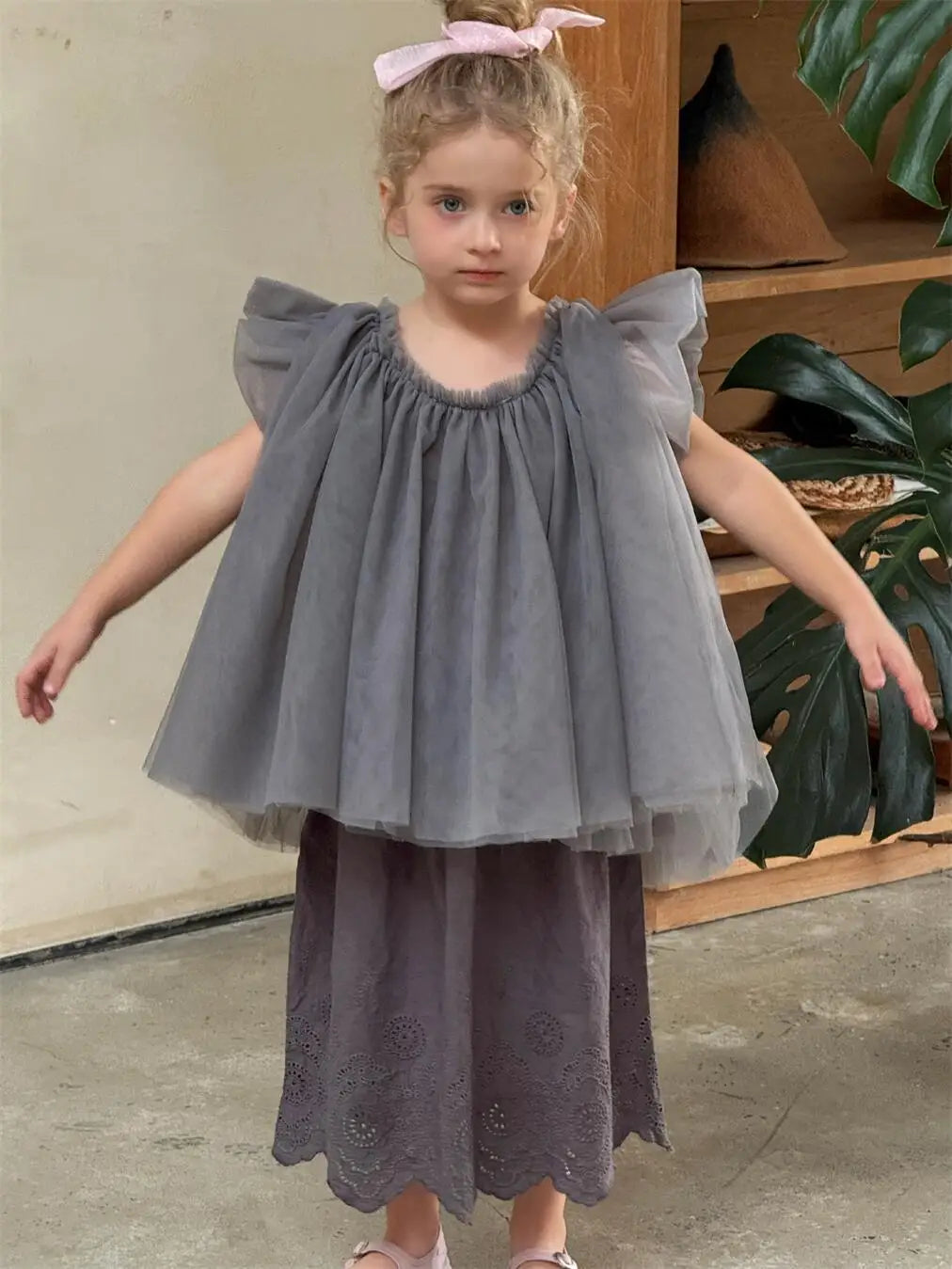 半袖シャツ・ブラウス Gray / 2T-90 キッズトップス チュールメッシュバタフライスリーブボリュームチュニックブラウス【mh0008897】