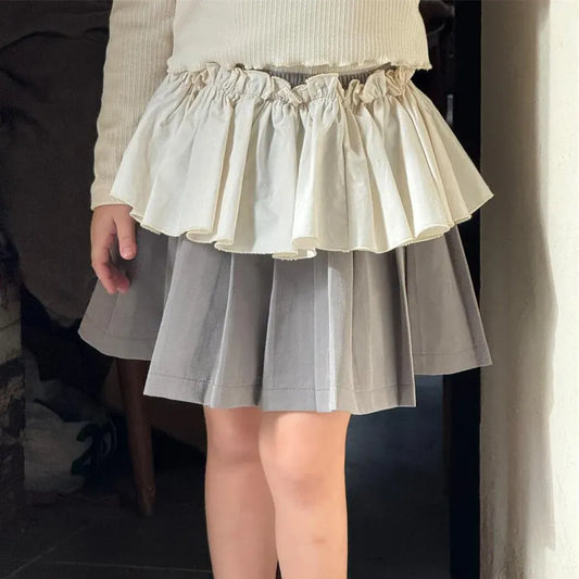 スカート Gray / 2T- 90 キッズスカート パッチワークペプラムドッキングプリーツスカート【mh0008899】