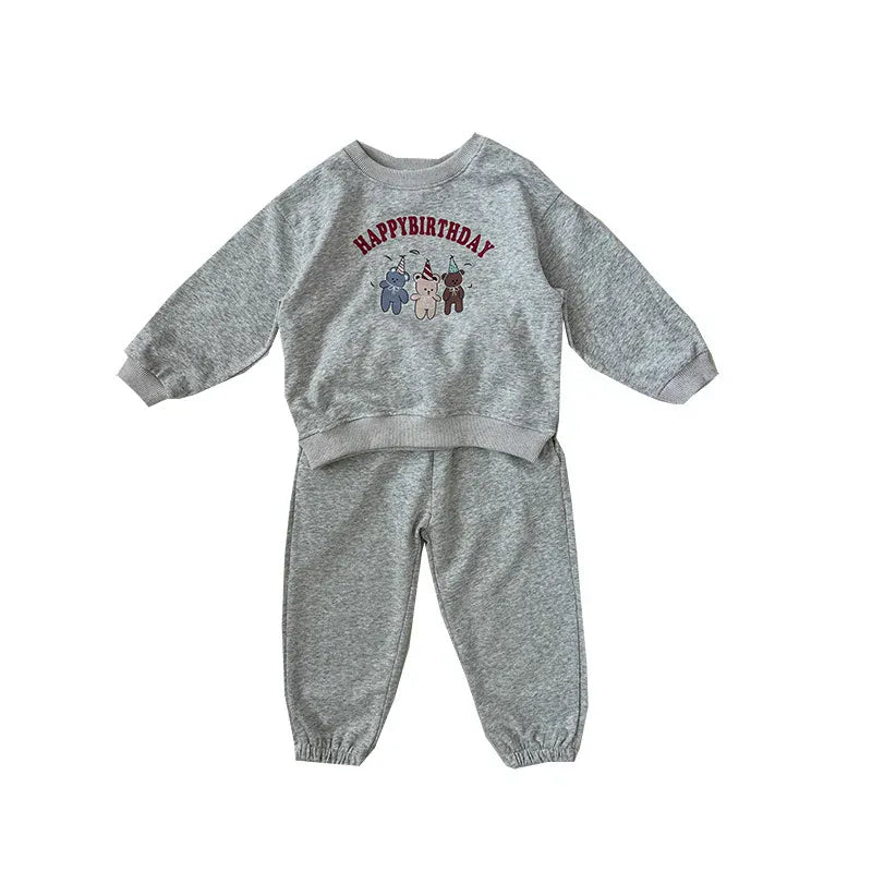 長袖セットアップ gray / 2T  90cm キッズセットアップ 2点セット スウェットシャツ ロングパンツ ハッピーバースデープリント柄 グレー/ピンク/2カラー