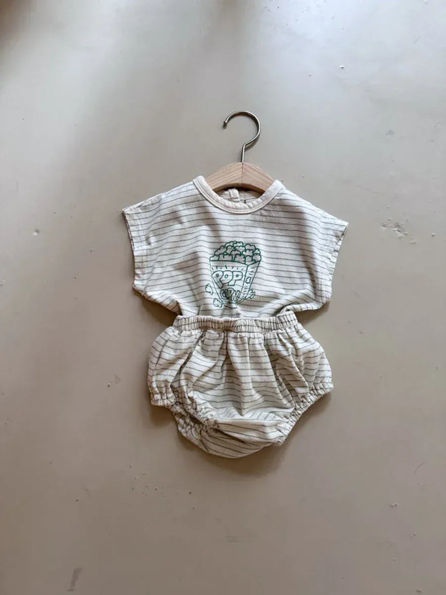 半袖セットアップ Gray / 3M 66cm ベビーセットアップ 2点セット 半袖Tシャツ+ブルマパンツ ボーダー ポップコーンプリント 2カラー【mh0005940】