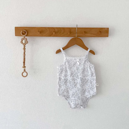 ノースリーブロンパース Gray / 3M 66cm ベビーロンパース キャミソールボディスーツ リボン ボタニカルプリント柄 肌着【mh0005701】