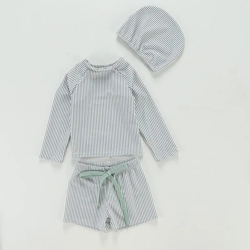 ベビー用水着 Gray / 5 height 75-85CM キッズ水着 帽子セット 長袖 セパレート ストライプ ラッシュガード ボーイズ スイムウェア【mh0005133】