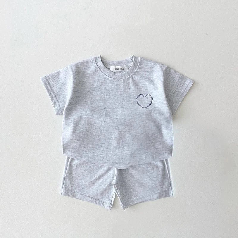半袖セットアップ GRAY / 6-12M 73 ☺︎ ベビーキッズセットアップ 2点セット 半袖プリントTシャツ+ショートパンツ ハート