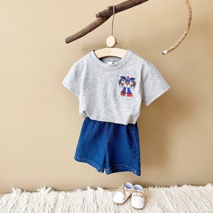 半袖セットアップ GRAY / 6-9M 66cm ☺︎ ベビーセットアップ 2点セット 半袖Tシャツ+デニムショートパンツ ロボット刺繍