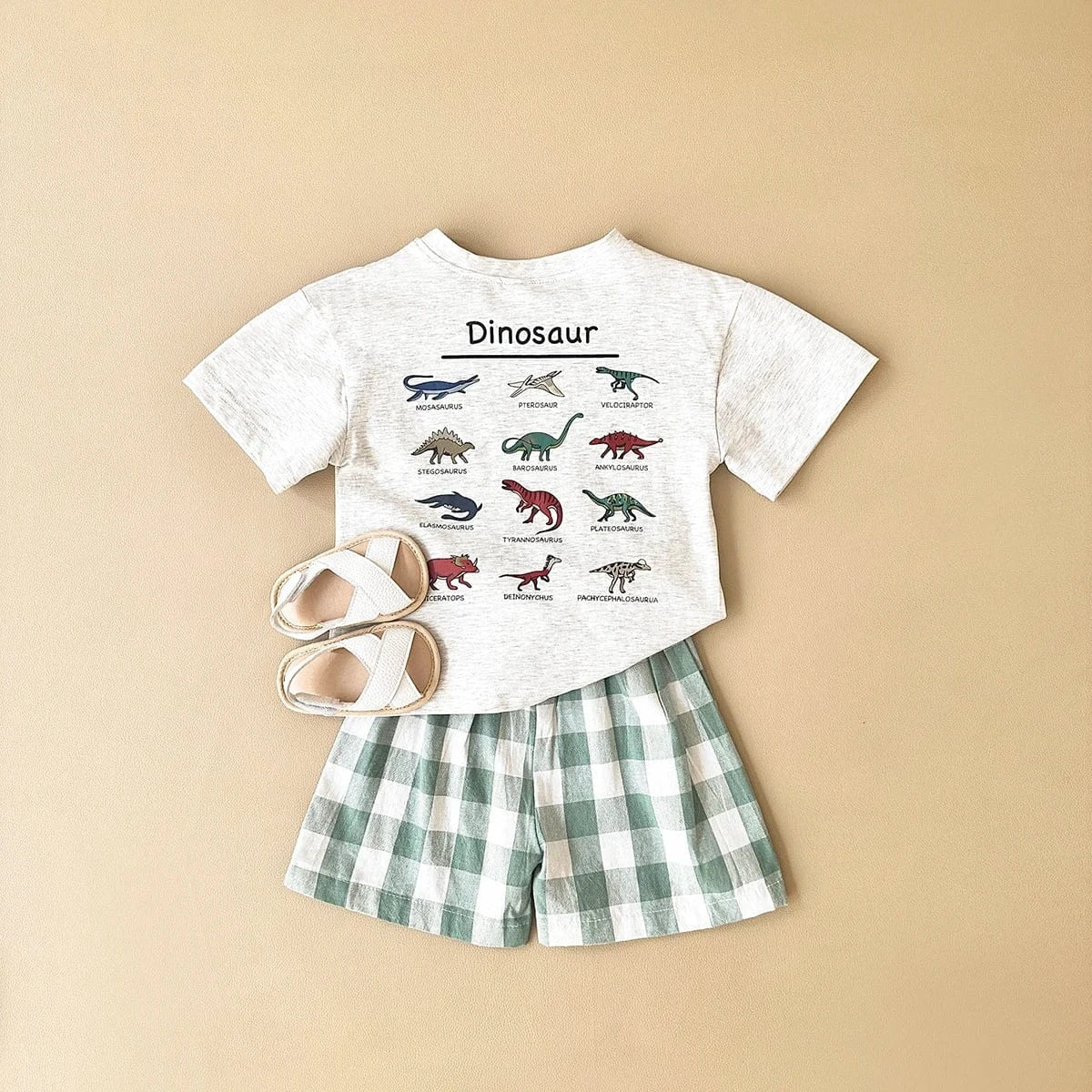 半袖セットアップ Gray / 6-9M 66cm ベビーセットアップ 2点セット 半袖プリントTシャツ+チェックショートパンツ ダイナソー恐竜プリント【mh0005634】