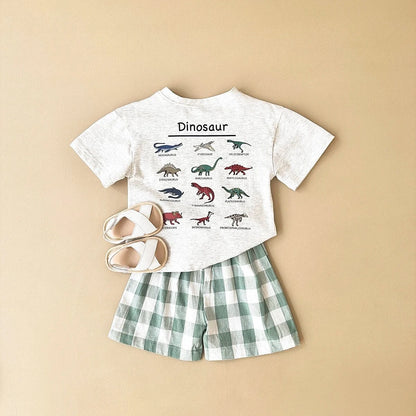 半袖セットアップ Gray / 6-9M 66cm ベビーセットアップ 2点セット 半袖プリントTシャツ+チェックショートパンツ ダイナソー恐竜プリント【mh0005634】