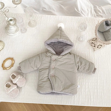ショートコート・ジャケット・ジャンパー Gray / 66cm 0-6m ベビーアウター とんがり帽子フーディジャケット 裏ボアフリース ぽんぽん付きフードコート 4カラー【mh0003602】