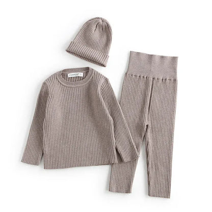 長袖セットアップ Gray / 66cm ベビーキッズセットアップ 3点セット 長袖パジャマセット 長袖リブTシャツ+ハイウェストリブパンツ+ニットキャップ帽子【mh0008504】