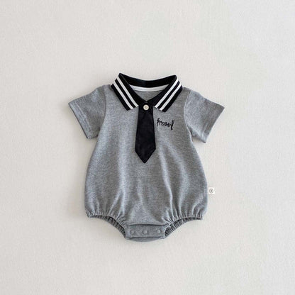 半袖ロンパース Gray / 66cm ポロ襟ネクタイ半袖ロンパース【mh0010336】