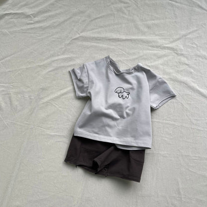 半袖セットアップ Gray / 73cm ベビーセットアップ 2点セット 犬ドッグプリント半袖Tシャツ+ショートパンツ【mh0009177】