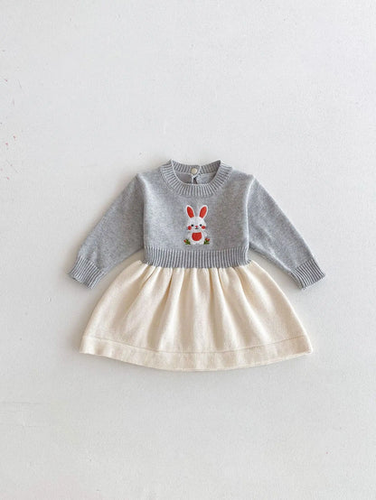 長袖ワンピース Gray / 73cm 6-9M ベビーキッズワンピース うさぎバニー刺繍バイカラー長袖ニットワンピース【mh0007413】