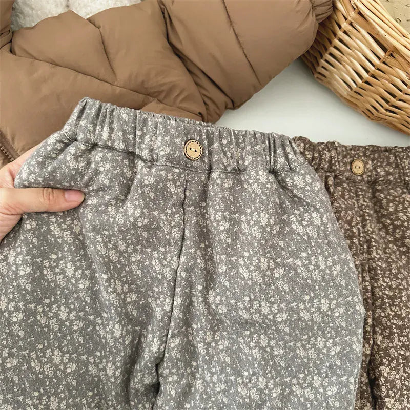 ロングパンツ・スウェットパンツ gray / 80cm キッズパンツ フラワー花柄プリント 厚手ロングパンツ コーヒー グレー