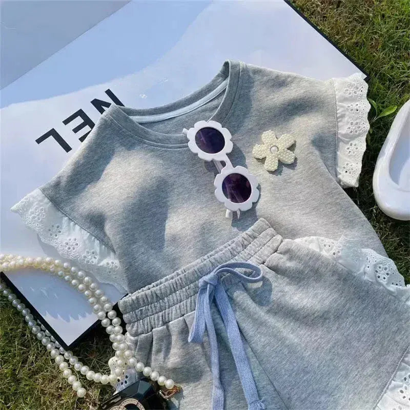 半袖セットアップ Gray / 80cm キッズセットアップ 2点セット レースフリル 半袖Tシャツ+ショートパンツ グレー【mh0006116】