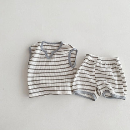 ノースリーブセットアップ Gray / 80cm 9-12m ☺︎ キッズセットアップ 2点セット ノースリーブTシャツ+ショートパンツ レトロボーダー 2カラー