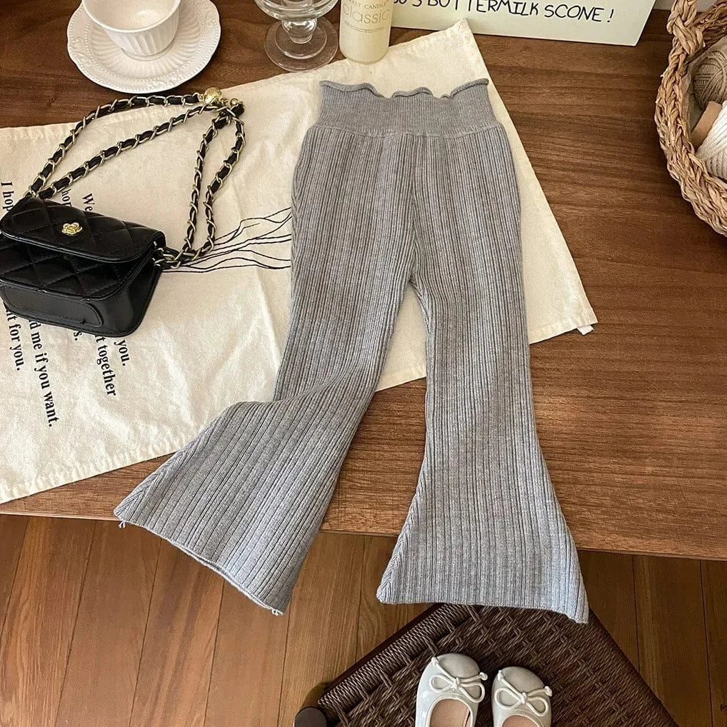 レギンスパンツ Gray / 90cm 1-2y キッズパンツ シンプルリブニットベルボトムフレアレギンスパンツ 4カラー【mh0007560】