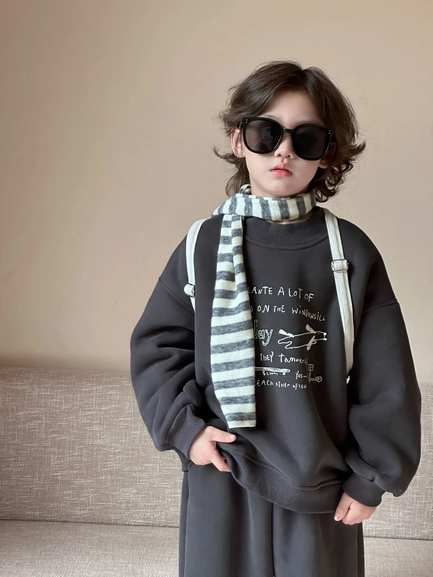 長袖セットアップ Gray / 90cm 24M キッズセットアップ 2点セット ロゴプリント裏フリース長袖スウェットシャツ+ロングスウェットパンツ【mh0008181】