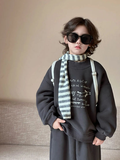 長袖セットアップ Gray / 90cm 24M キッズセットアップ 2点セット ロゴプリント裏フリース長袖スウェットシャツ+ロングスウェットパンツ【mh0008181】