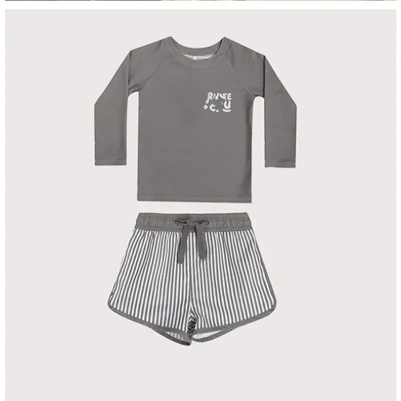 ベビー用水着 Gray / 90cm 2T キッズ水着 セパレート 長袖トップス+パンツ スイムウェア ラッシュガード ボーイズ 2カラー【mh0005809】