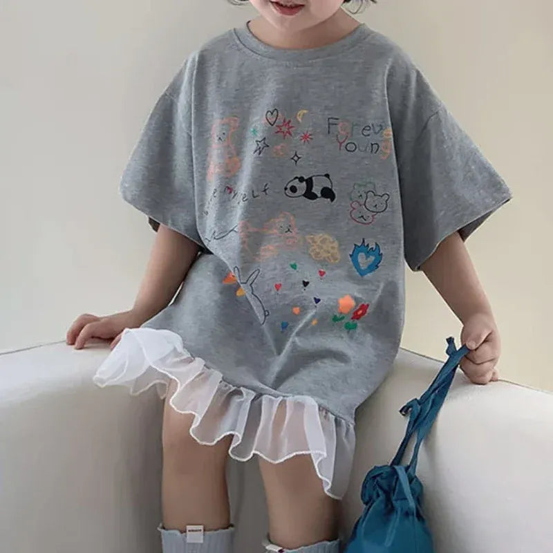 半袖ワンピース Gray / 90cm キッズワンピース 半袖Tシャツワンピース チュチュチュールフリル お絵描きプリント グレー【mh0006109】