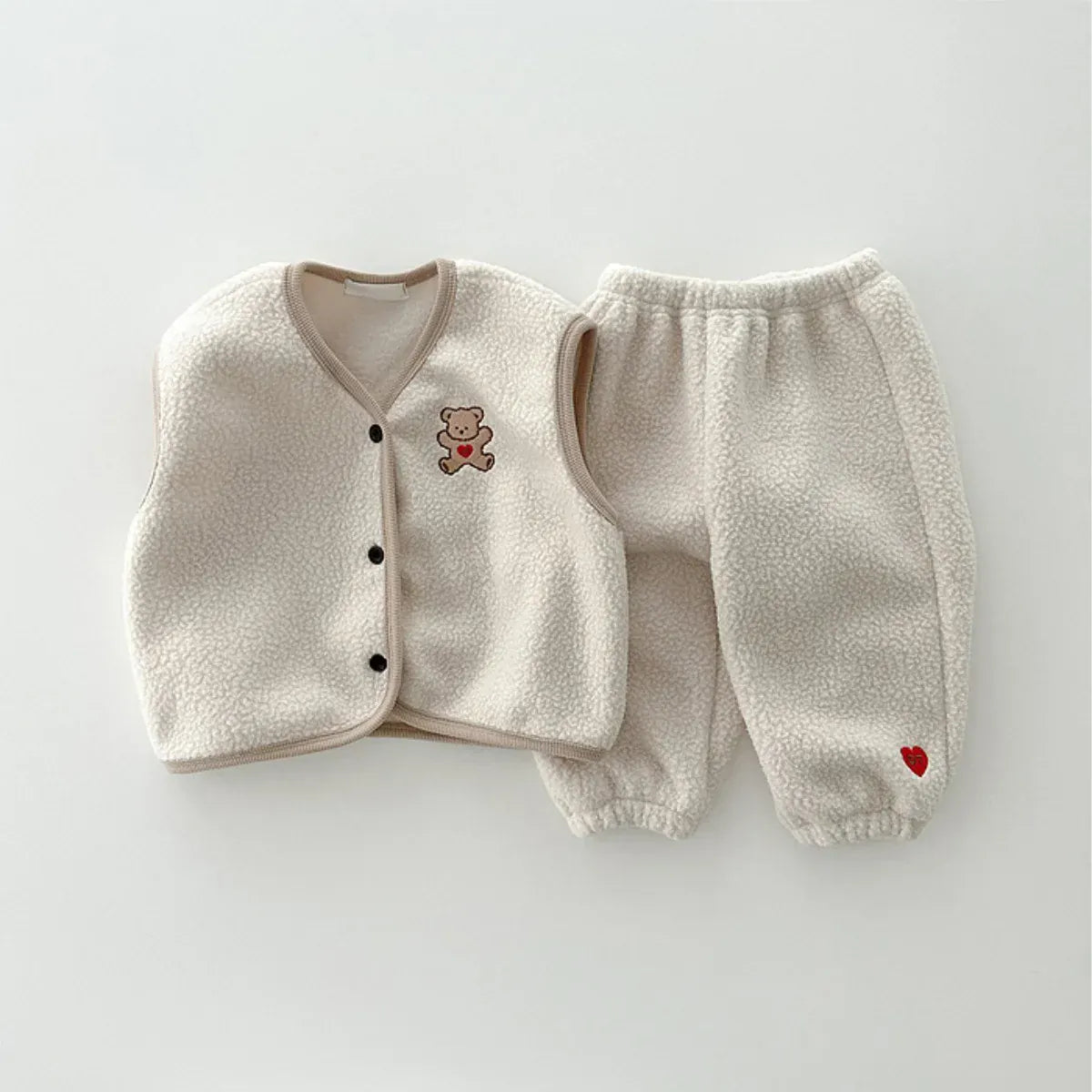 ノースリーブセットアップ gray apricot / 9M  73cm / 取り寄せ（7〜21日） ベビーセットアップ 2点セット フリースベスト パンツ くまベア刺繍 2カラー ボーイズ 男の子 子供服