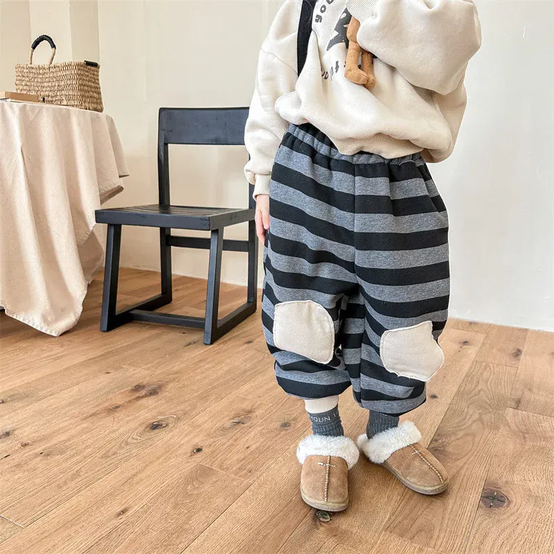 ロングパンツ・スウェットパンツ gray black / 12M  80cm キッズパンツ ボーダー膝パッチ 裏フリーススウェットパンツ ルーズパンツ 2カラー ボーイズ 男の子 子供服