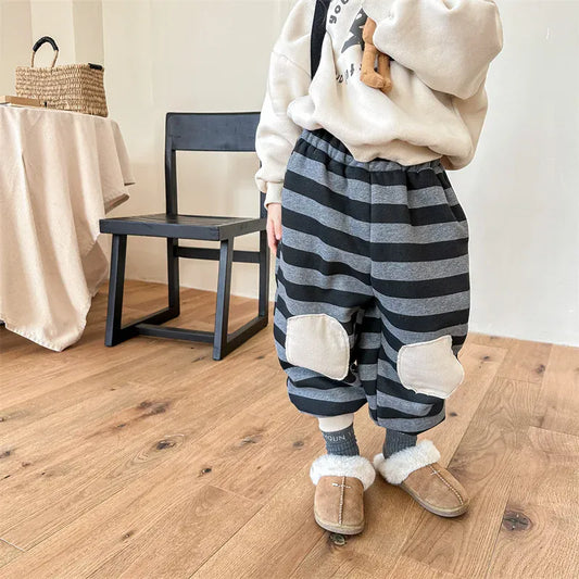 ロングパンツ・スウェットパンツ gray black / 12M  80cm キッズパンツ ボーダー膝パッチ 裏フリーススウェットパンツ ルーズパンツ 2カラー ボーイズ 男の子 子供服
