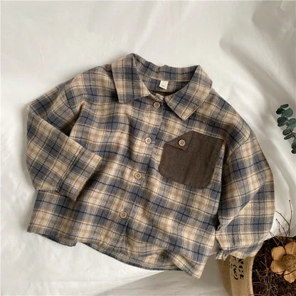 長袖シャツ・ブラウス gray blue / 12M  80cm キッズトップス 長袖シャツ チェック柄 レトロシャツ 2カラー
