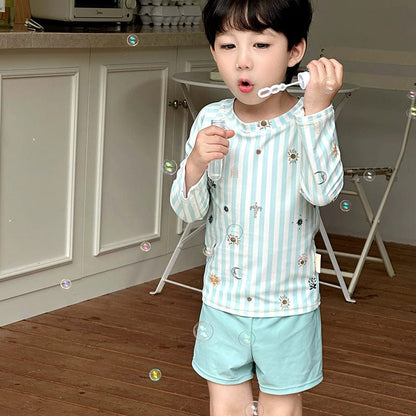 ベビー用水着 Gray Green / 100cm ボーイズ水着 ストライプ長袖トップス+ショートパンツスイムウェア【mh0010218】