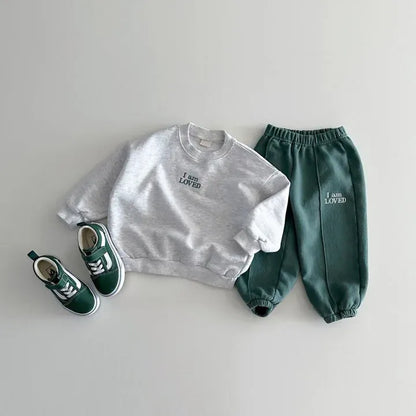 長袖セットアップ gray green / 12M  80cm キッズセットアップ 2点セット スウェットシャツ+スウェットパンツ レターロゴ刺繍 3カラー