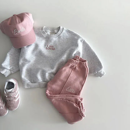 長袖セットアップ gray pink / 12M  80cm キッズセットアップ 2点セット スウェットシャツ+スウェットパンツ レターロゴ刺繍 3カラー