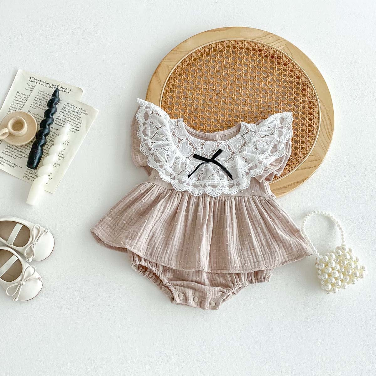 半袖ロンパース Gray Pink / 66cm レース襟半袖フリルスカートロンパース【mh0010331】