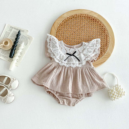 半袖ロンパース Gray Pink / 66cm レース襟半袖フリルスカートロンパース【mh0010331】