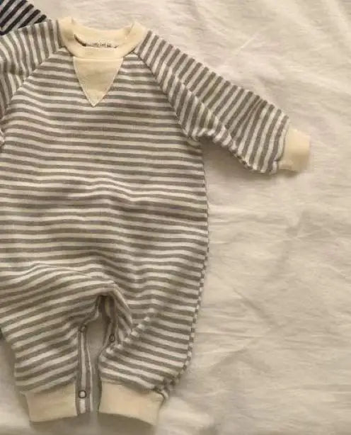 長袖ロンパース gray romper / 6M  66CM ベビーロンパース帽子セット ボーダー長袖ジャンプスーツ+ニットキャップ【mh0008123】