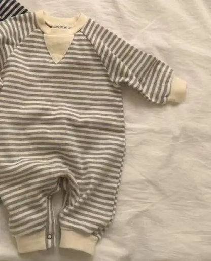 長袖ロンパース gray romper / 6M  66CM ベビーロンパース帽子セット ボーダー長袖ジャンプスーツ+ニットキャップ【mh0008123】