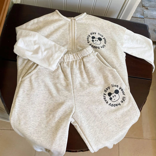 長袖セットアップ gray set / 12M  80cm キッズセットアップ 2点セット 長袖ドッキングジッパーシャツ+ロングスウェットパンツ ワンポイントプリント 2カラー
