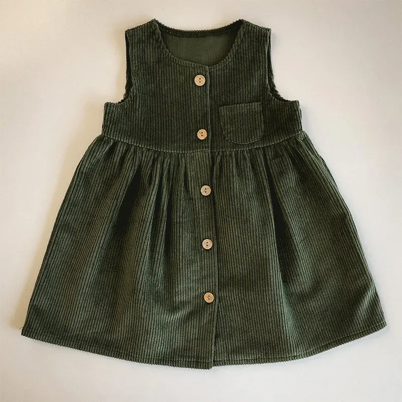 ノースリーブワンピース Green / 100 (2-3years) キッズワンピース コーデュロイフロントオープンノースリーブジャンパースカートワンピース【mh0007700】